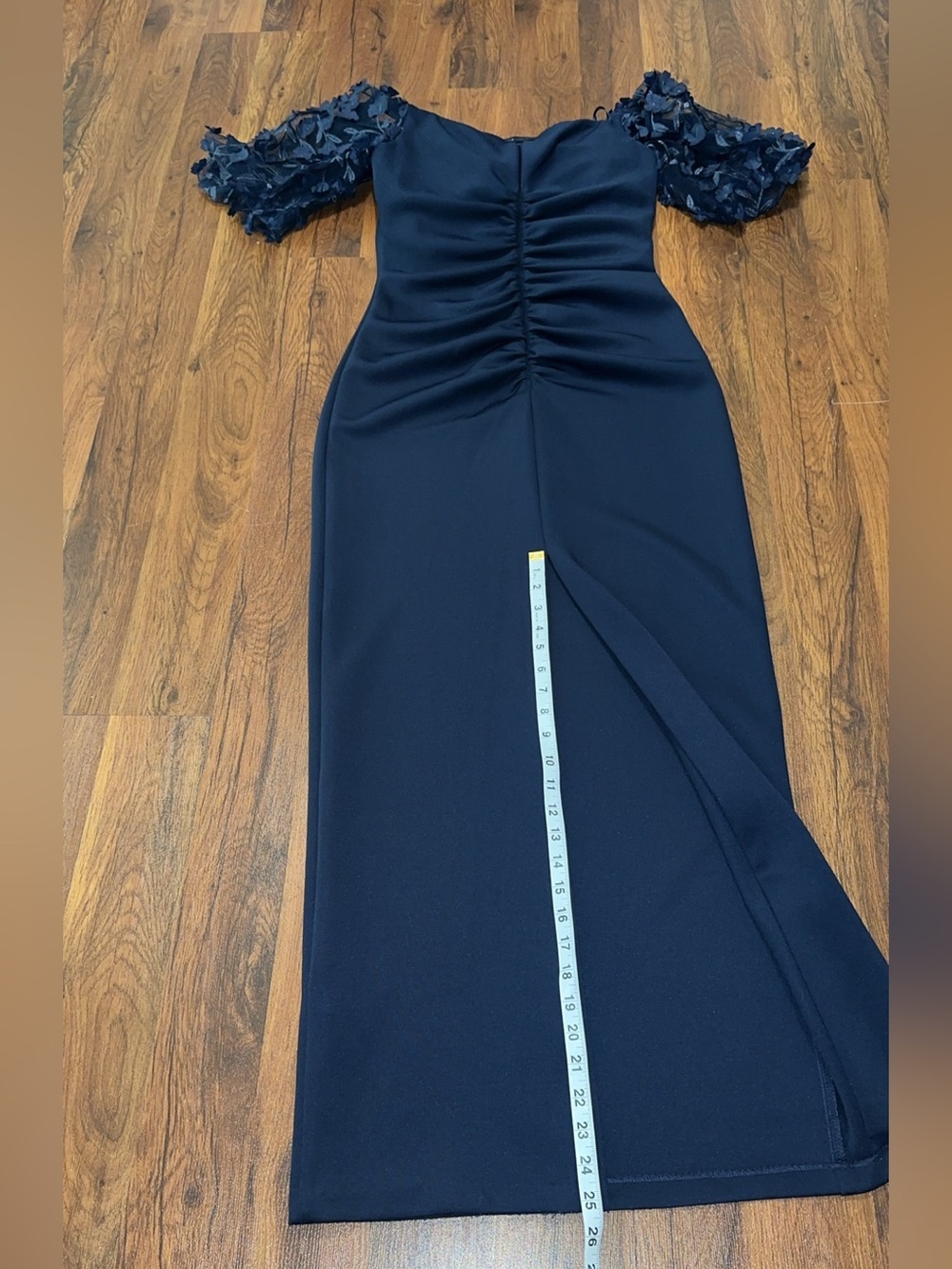 Xscape Navy One-Shoulder Evening Gown with 3D Floral Sleeves Formal - Picture 15 of 16